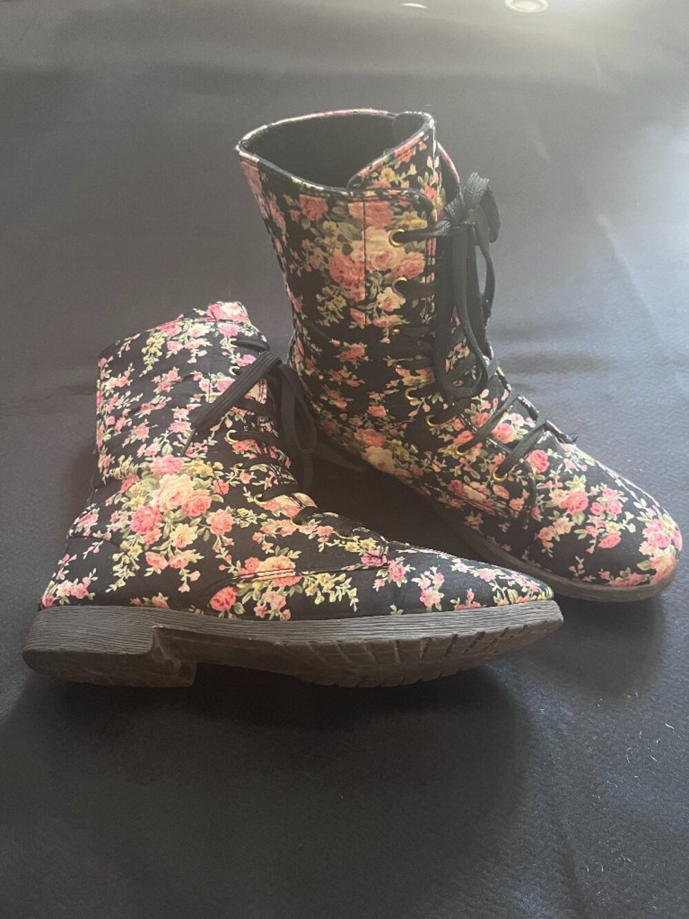 Black Floral Canvas Combat Boots Lace Up Ankle Boots Streetwear Cottagecore